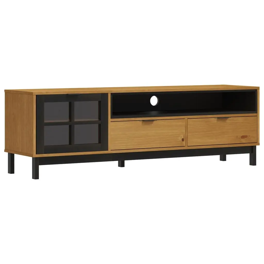 TV Cabinet with Glass Door Brown Solid Pine Wood Media Unit Storage 158x40x50cm