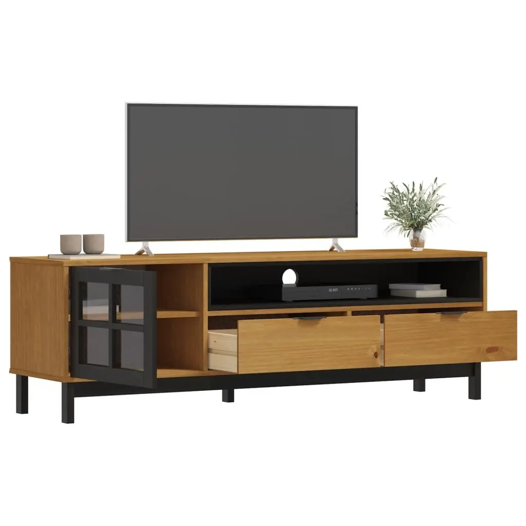 TV Cabinet with Glass Door Brown Solid Pine Wood Media Unit Storage 158x40x50cm