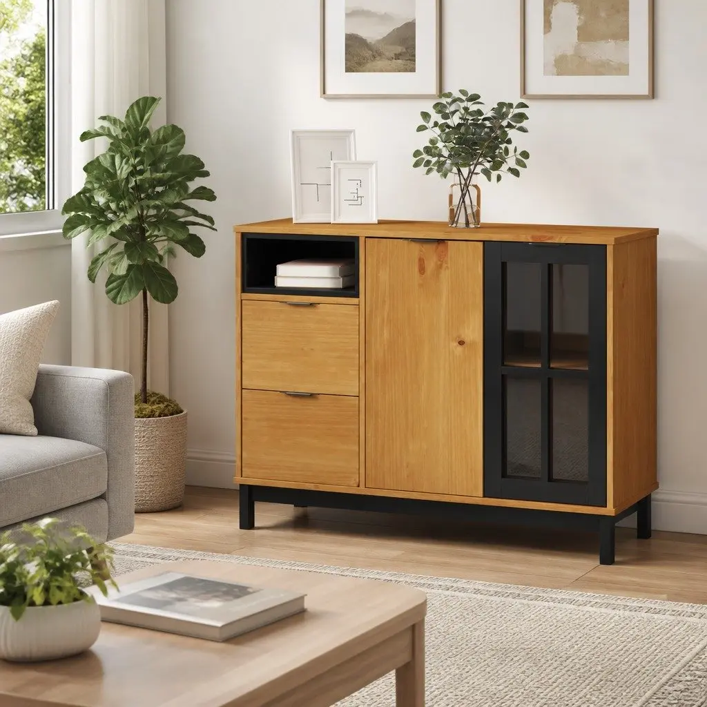 Solid Pine Wood Sideboard Brown 110x40x80cm Glass Door Storage Cabinet