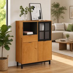 Brown Wooden Highboard Storage with Glass Doors