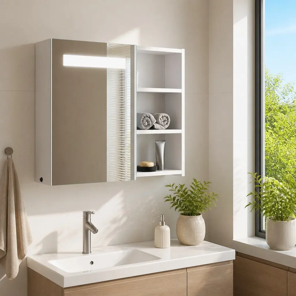 Bathroom Cabinet White 60x13x52cm Wall-Mounted with LED Light Storage