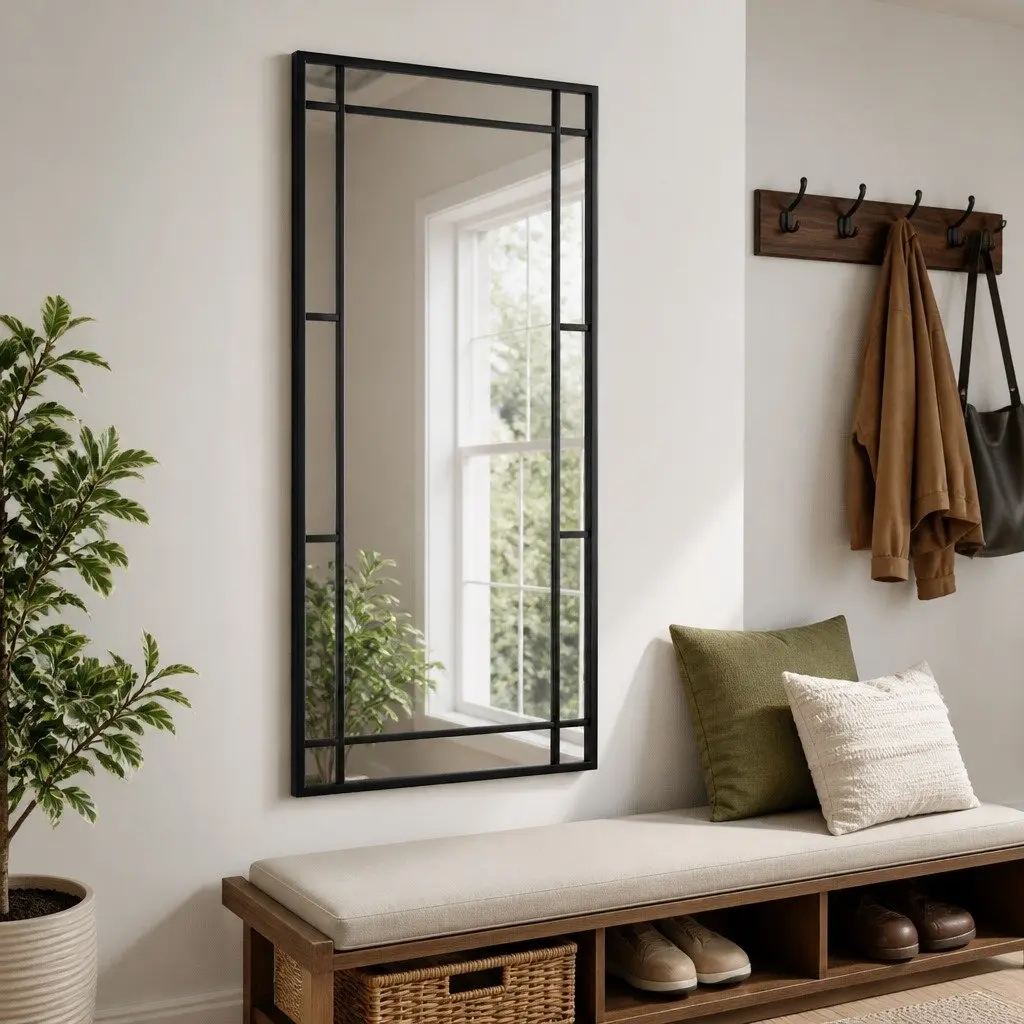 Wall Mirror Black 40x80cm Iron Frame Vertical Horizontal Mounting