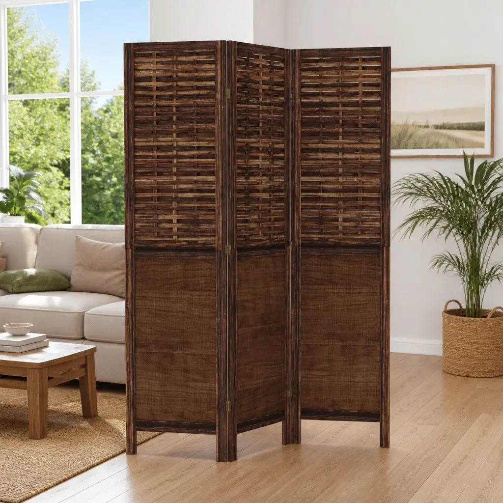 Room Divider Dark Brown 3 Panels Folding Privacy Screen Wood Frame Indoor Partition