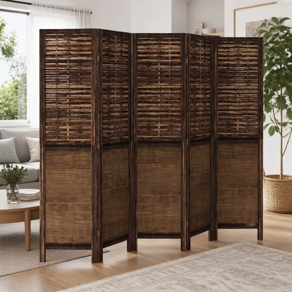 Room Divider Brown 5 Panels Folding Partition Privacy Screen Indoor Decorative