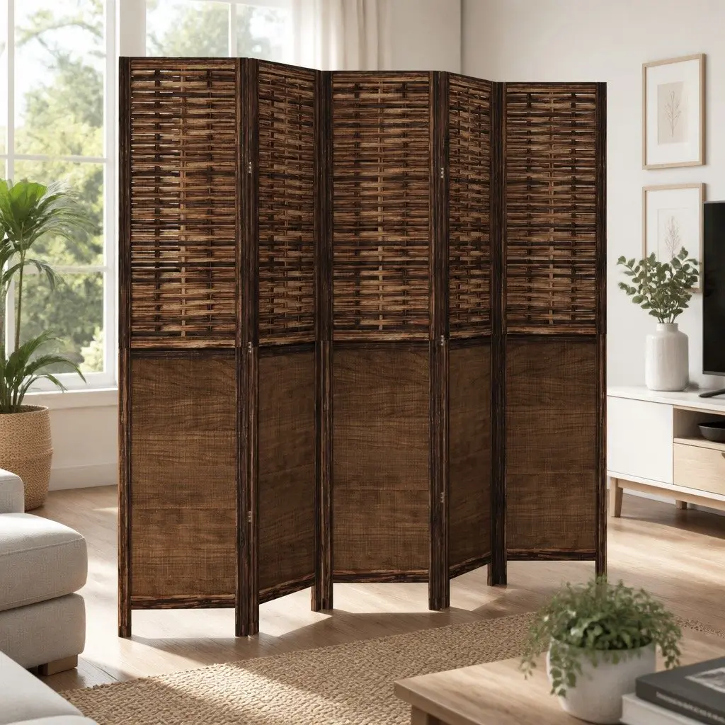 Room Divider Brown 5 Panels Solid Wood Folding Privacy Screen Indoor