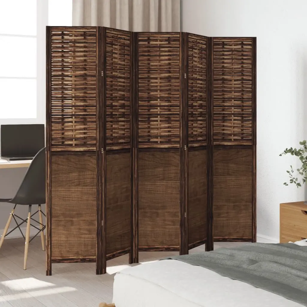 Room Divider Brown 5 Panels Solid Wood Folding Privacy Screen Indoor