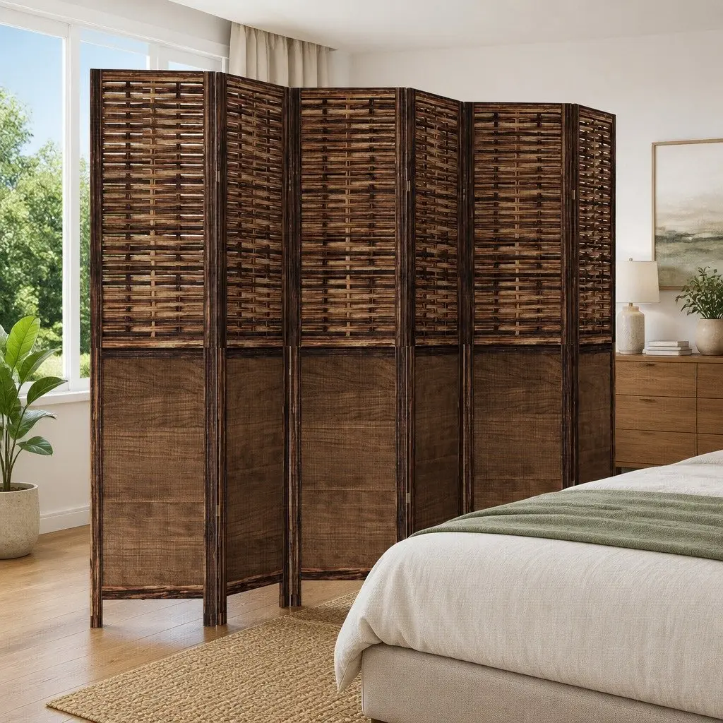 Room Divider Dark Brown 6 Panel Folding Screen Solid Wood Paulownia Privacy Partition