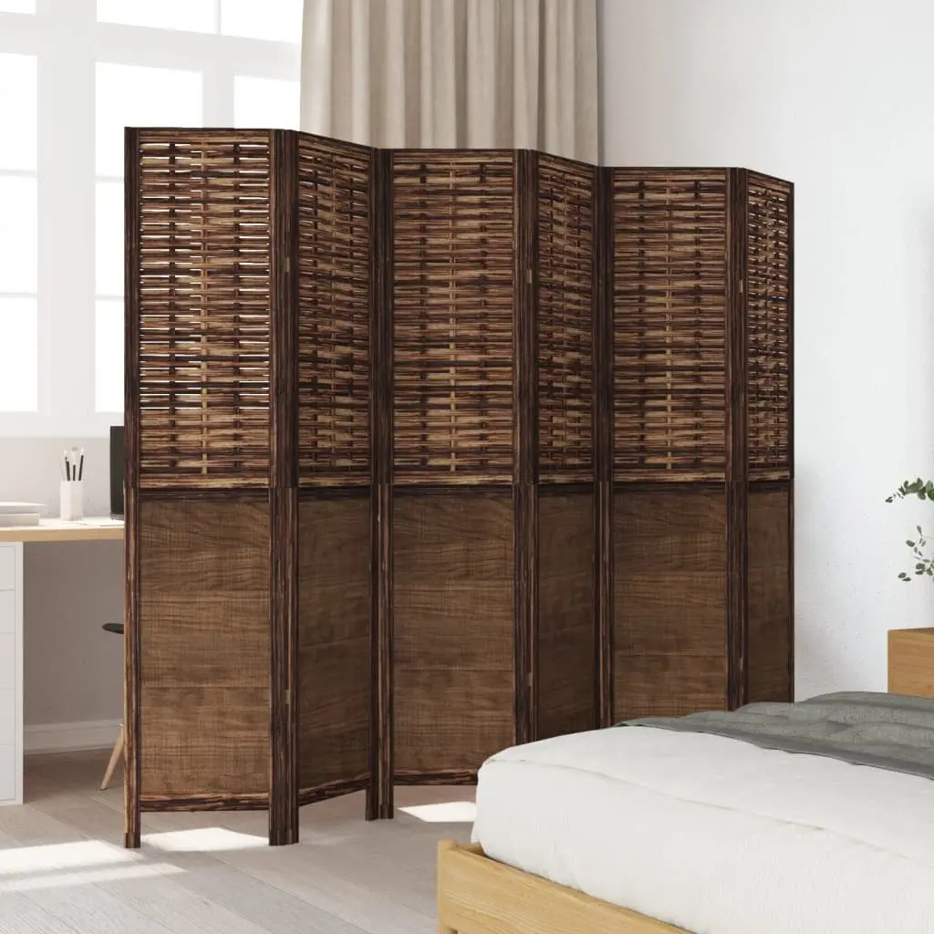 Room Divider Dark Brown 6 Panel Folding Screen Solid Wood Paulownia Privacy Partition