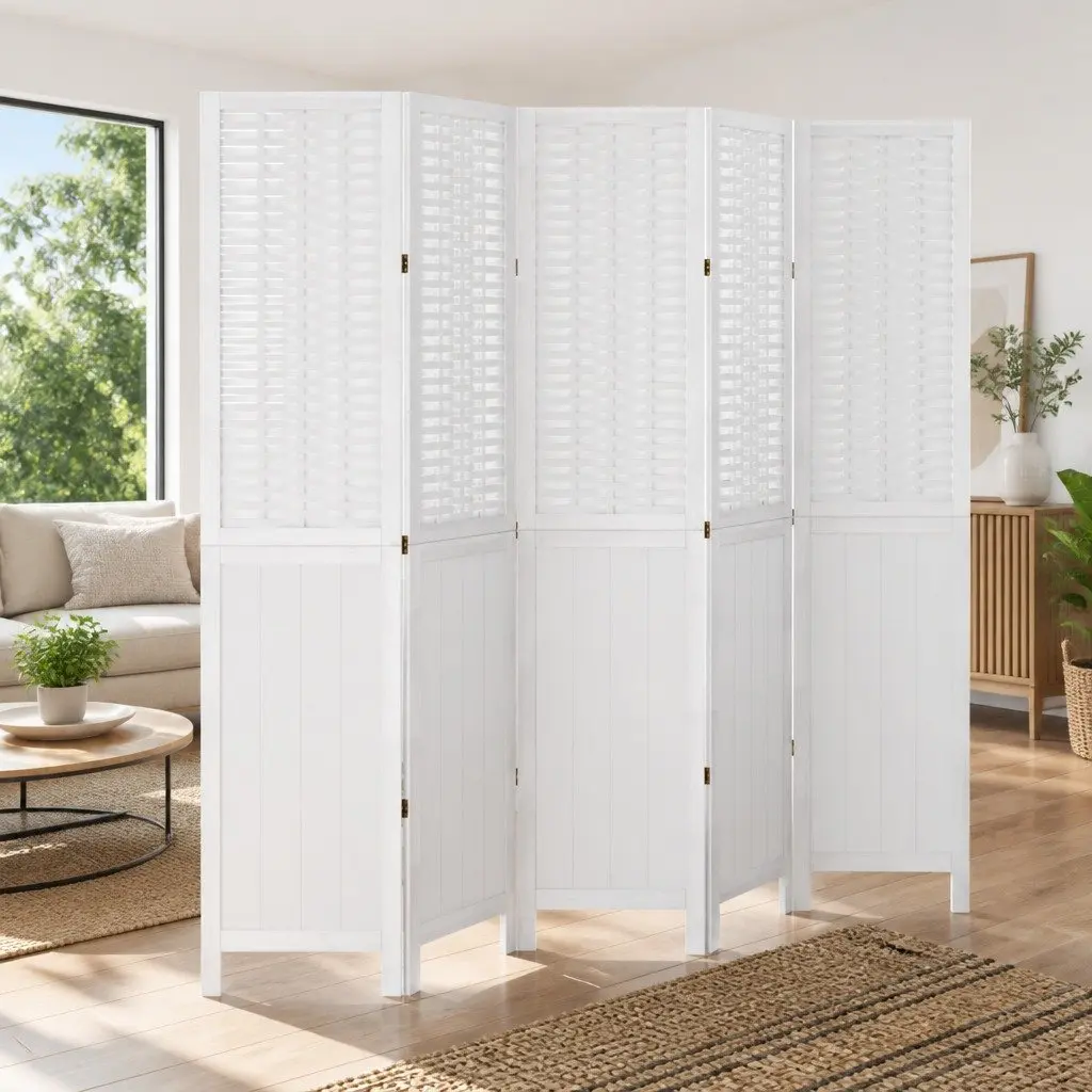 Room Divider White 5 Panels Folding Privacy Screen Partition Indoor