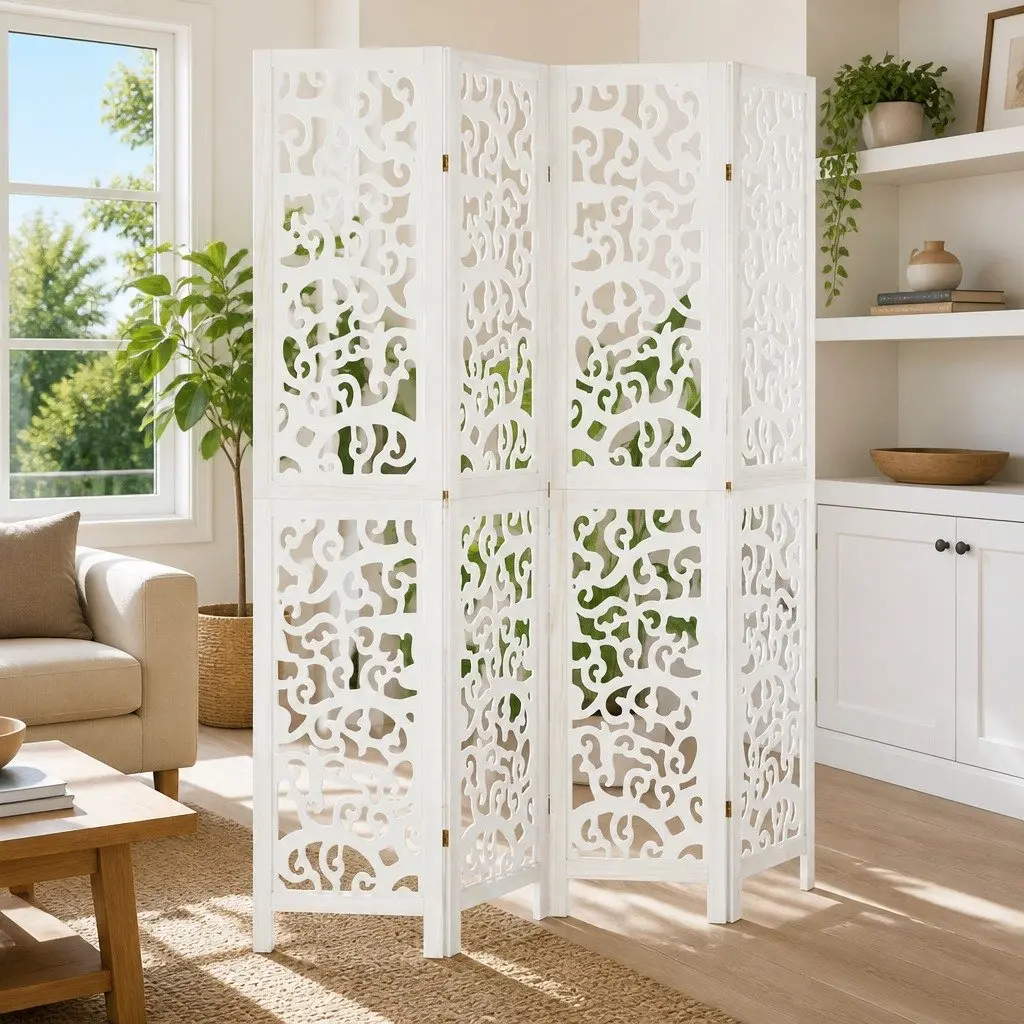 Room Divider White 4 Panels Folding Privacy Screen Indoor Decorative