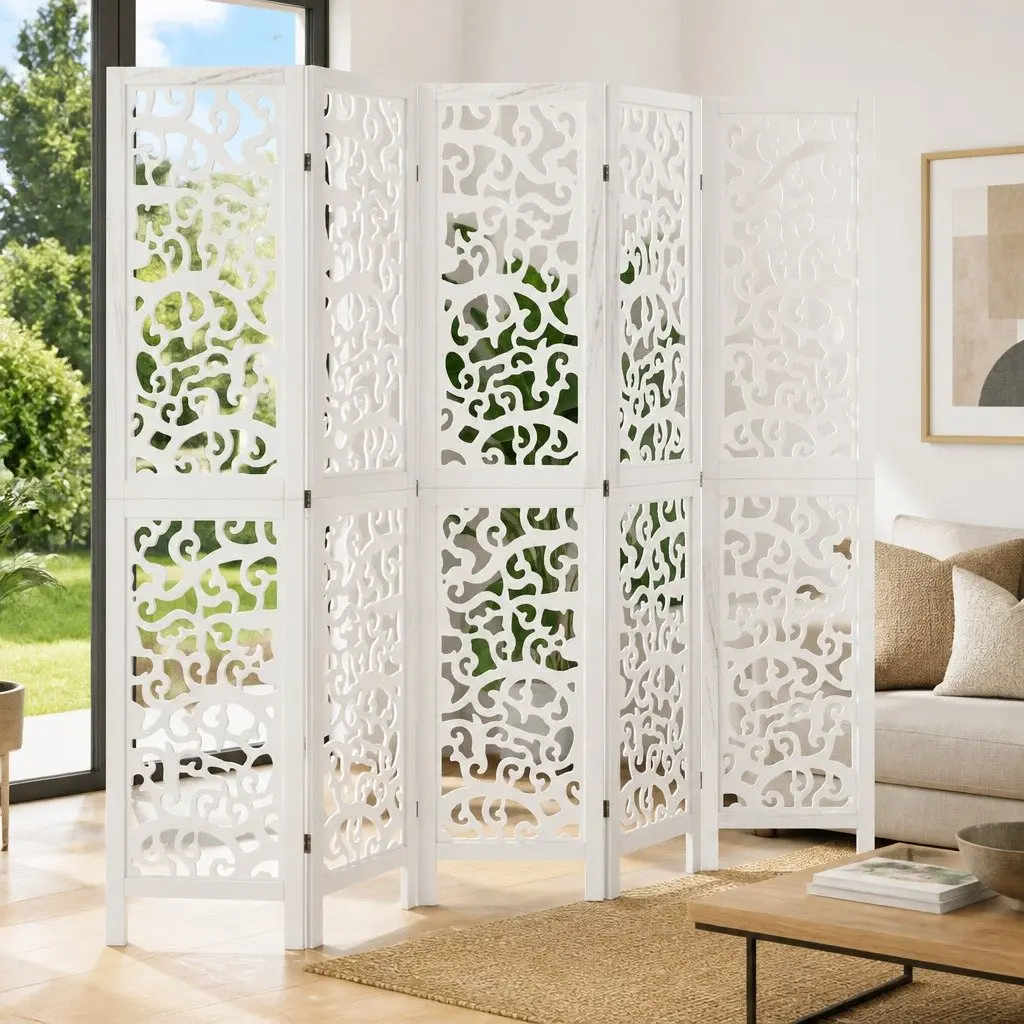 Room Divider White 5 Panels Folding Privacy Screen Indoor Decorative