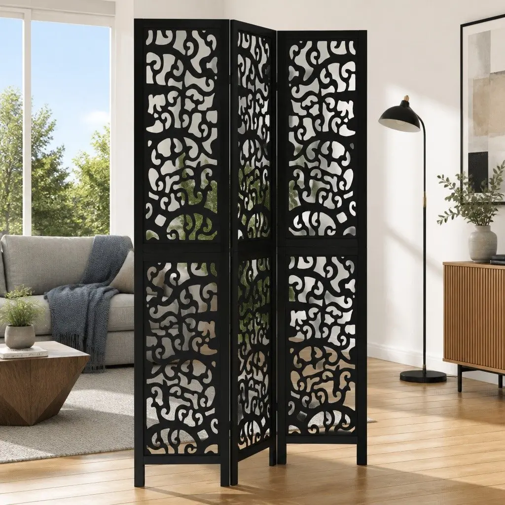 Room Divider Black 3 Panel Folding Privacy Screen Indoor Decor