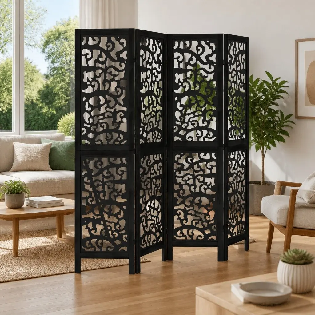 Room Divider Black 4 Panels Folding Privacy Screen Partition Indoor Decor