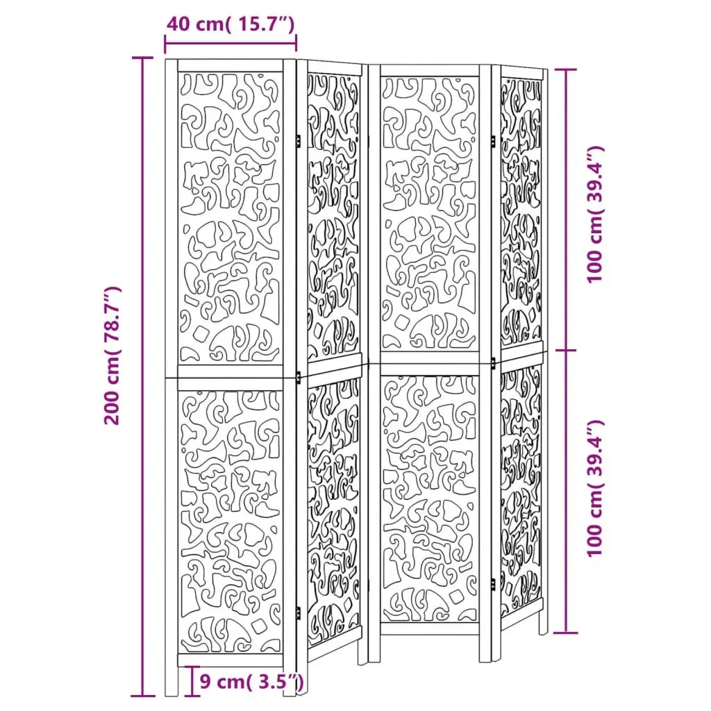 Room Divider Black 4 Panels Solid Wood Folding Privacy Screen Indoor