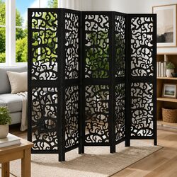 Room Divider 5 Panel Folding Privacy Screen Indoor Partition Black Wood