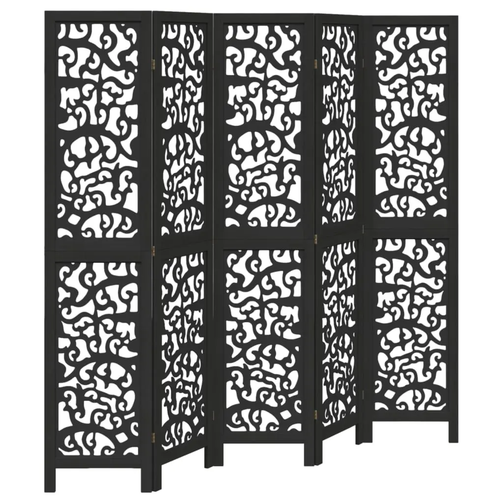 Room Divider Black 5 Panel Folding Privacy Screen Indoor Partition Wood