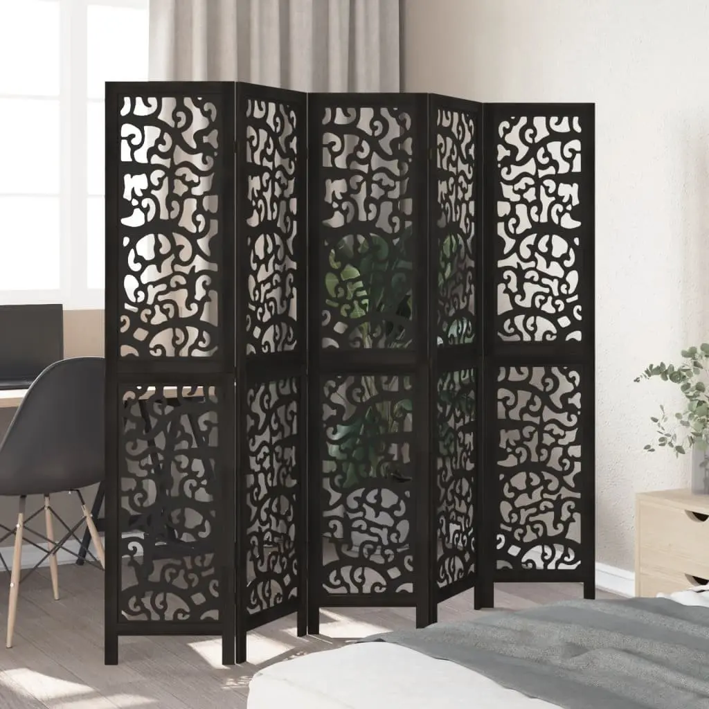 Room Divider Black 5 Panel Folding Privacy Screen Indoor Partition Wood