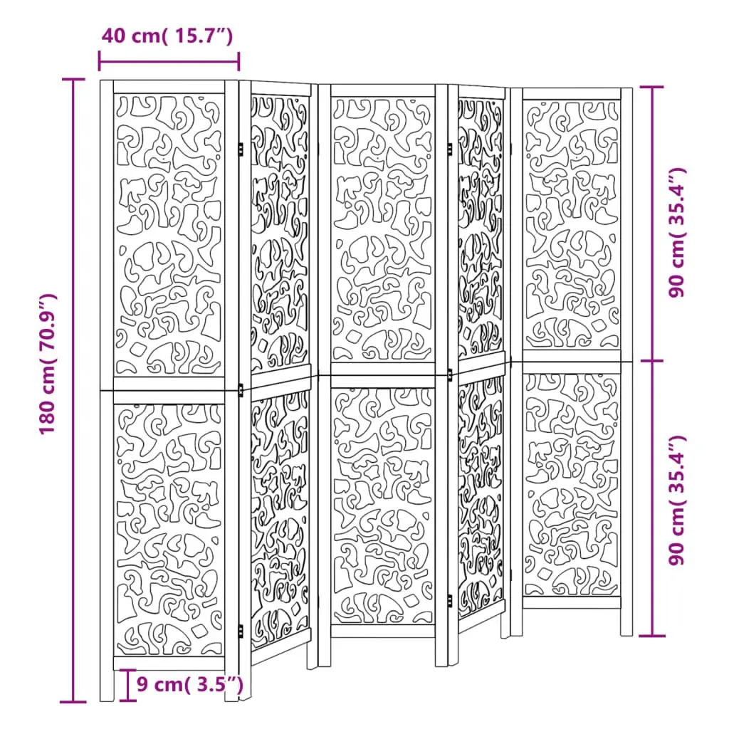 Room Divider Black 5 Panel Folding Privacy Screen Indoor Partition Wood