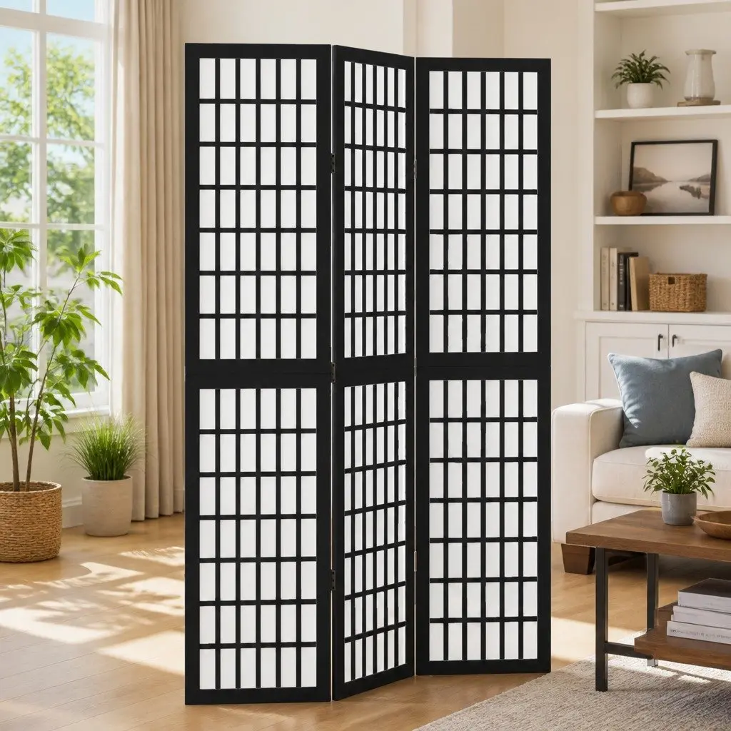 Room Divider Black 3 Panel Folding Privacy Screen Partition