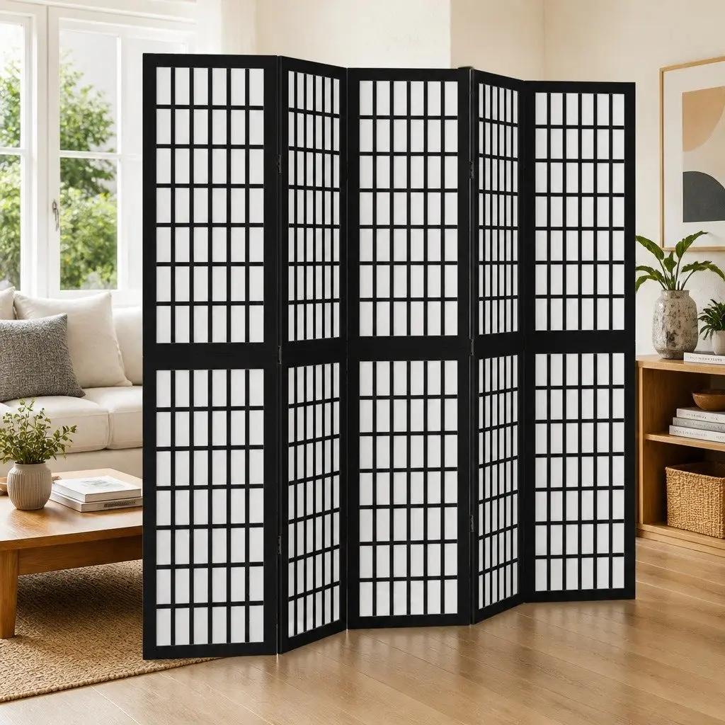 Room Divider Black 5 Panel Folding Screen Privacy Partition