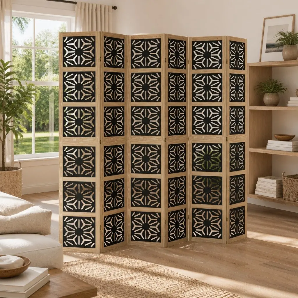 Room Divider Brown Black 6 Panel Folding Privacy Screen Indoor Use