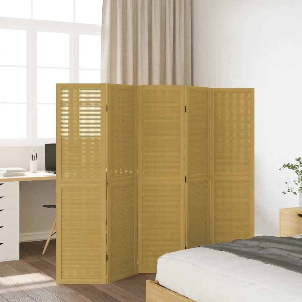 Room Divider Brown 5 Panels Paulownia Wood Folding Privacy Screen