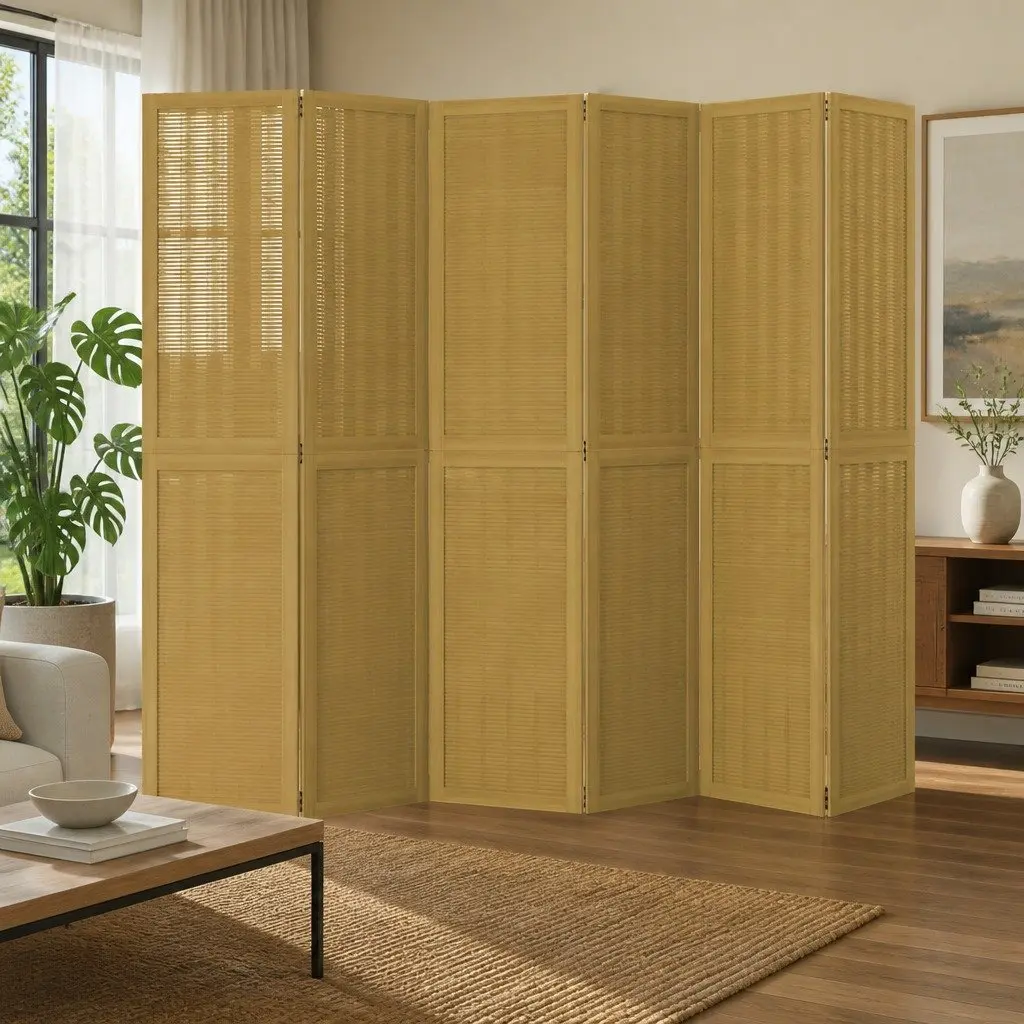 Room Divider Brown 6 Panels Folding Privacy Screen Partition Indoor Bedroom