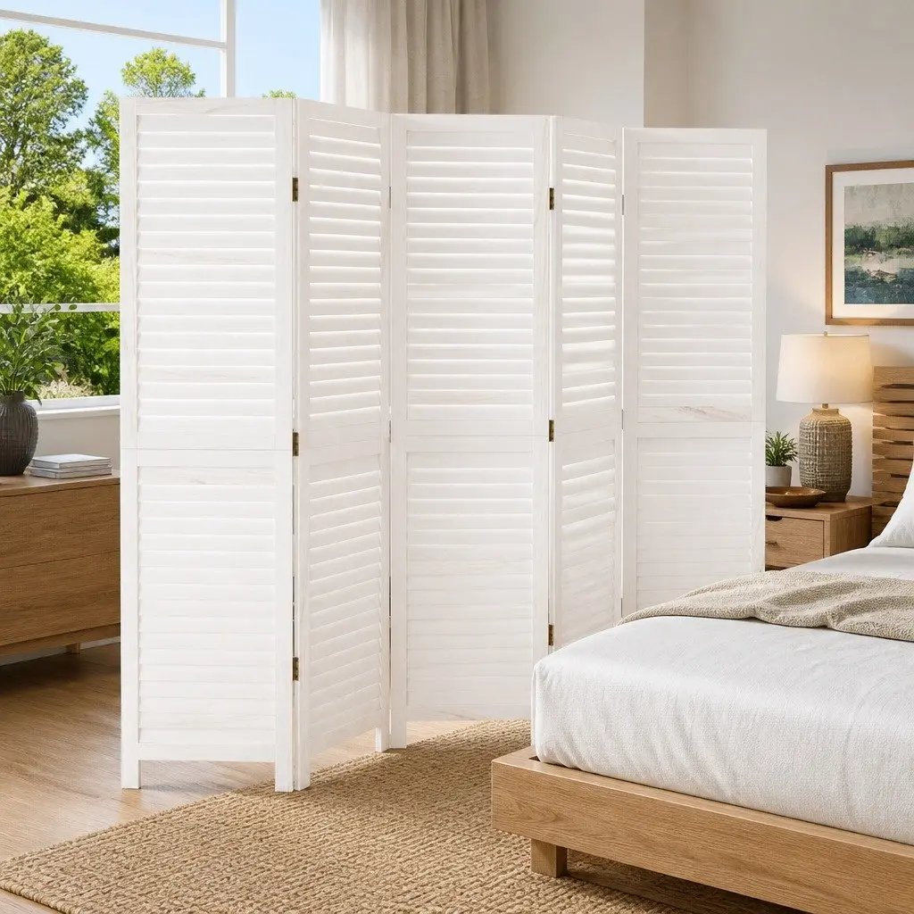Room Divider White 5 Panels Folding Privacy Screen Partition Home Office