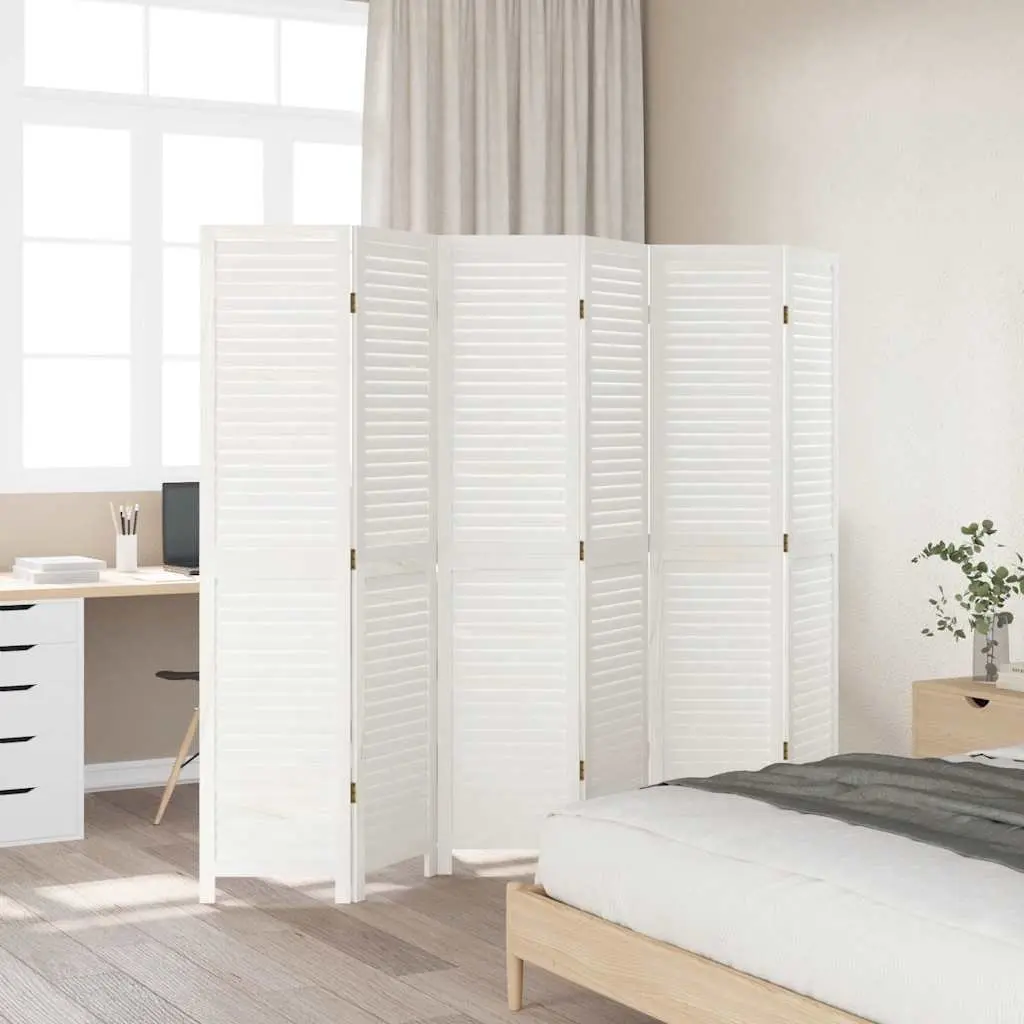 Room Divider White 6 Panels Solid Paulownia Wood Folding Privacy Screen