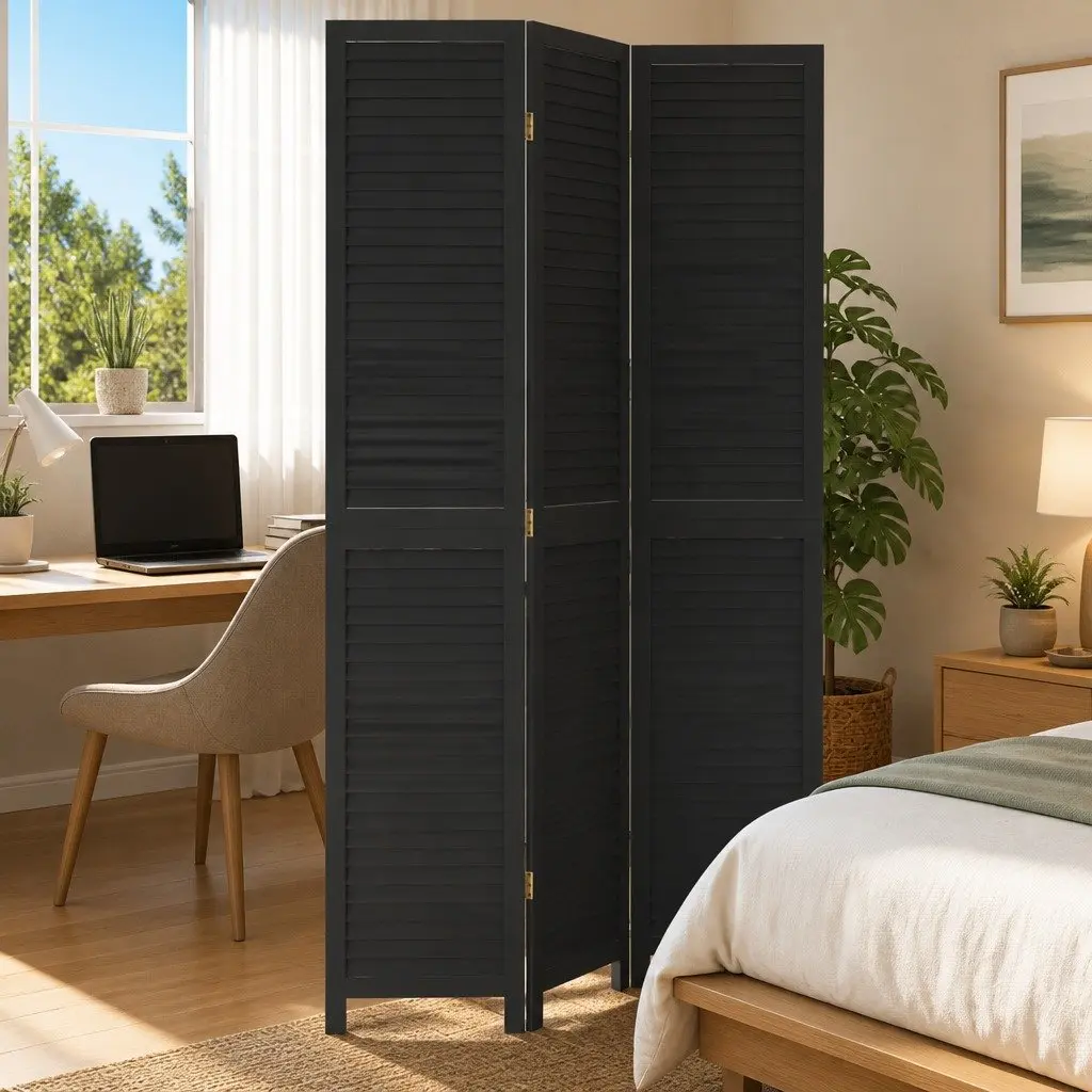 Room Divider Black 3 Panels Solid Wood Paulownia Privacy Screen Folding