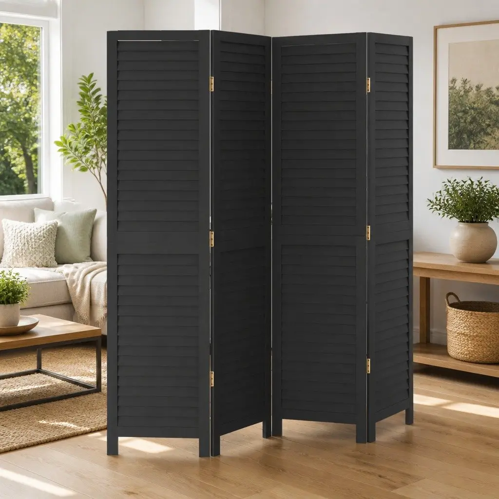 4 Panel Folding Privacy Screen Room Divider Black Solid Paulownia Wood