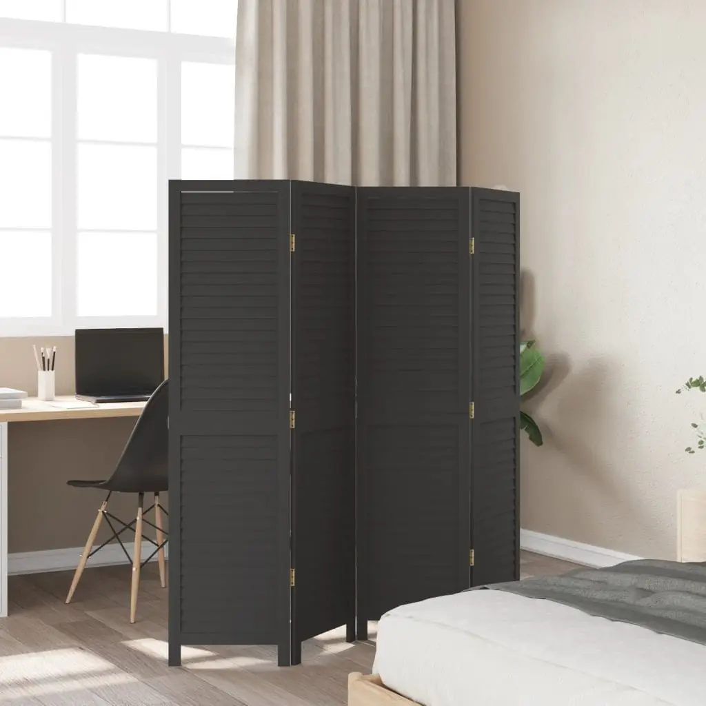 4 Panel Folding Privacy Screen Room Divider Black Solid Paulownia Wood