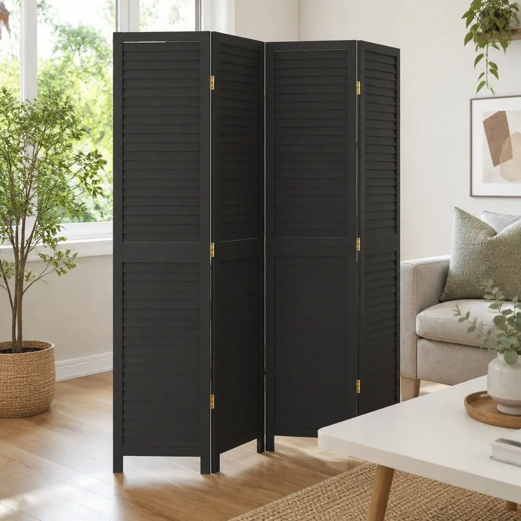 Room Divider Black 4 Panels Solid Wood Folding Privacy Screen