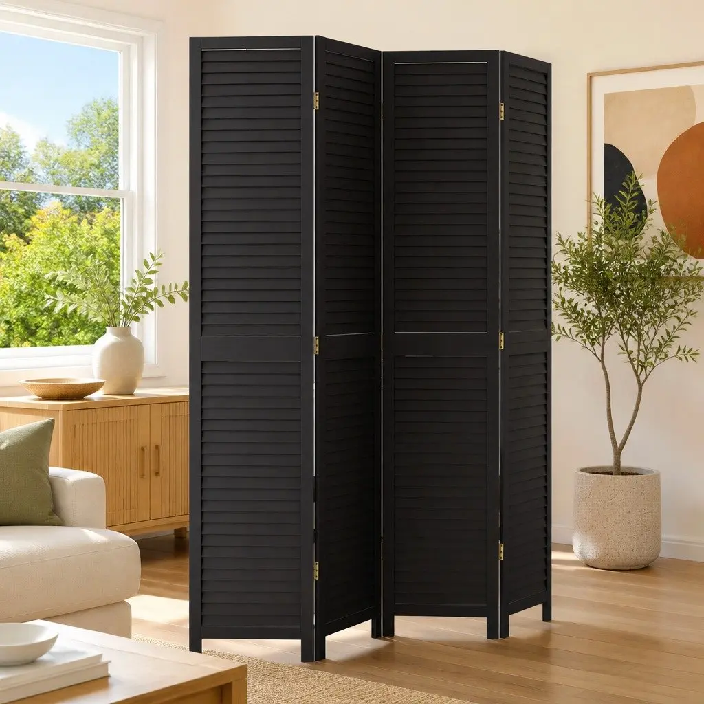 Room Divider Black 4 Panels Solid Wood Folding Privacy Screen