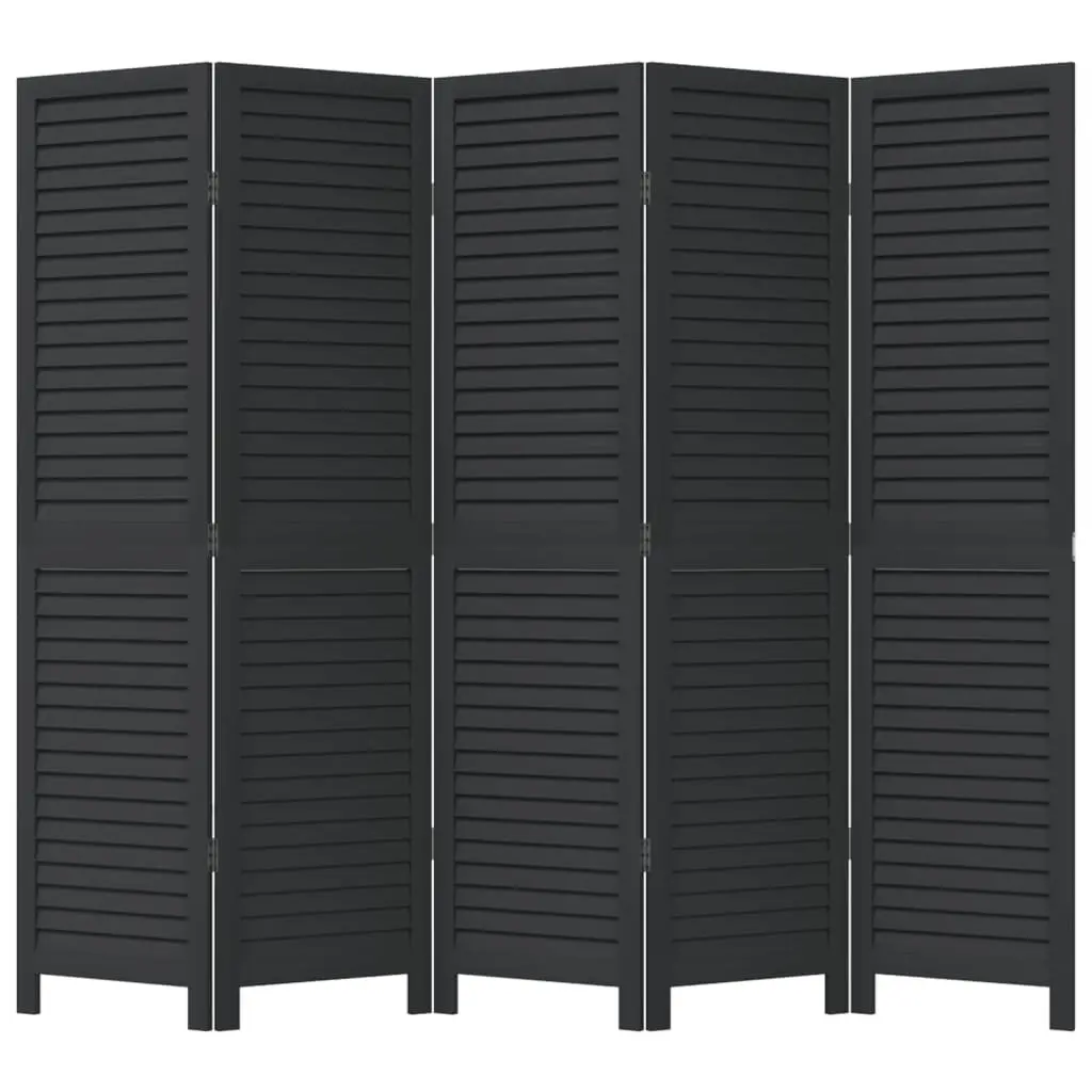 Room Divider Black 5 Panels Solid Wood Folding Privacy Screen