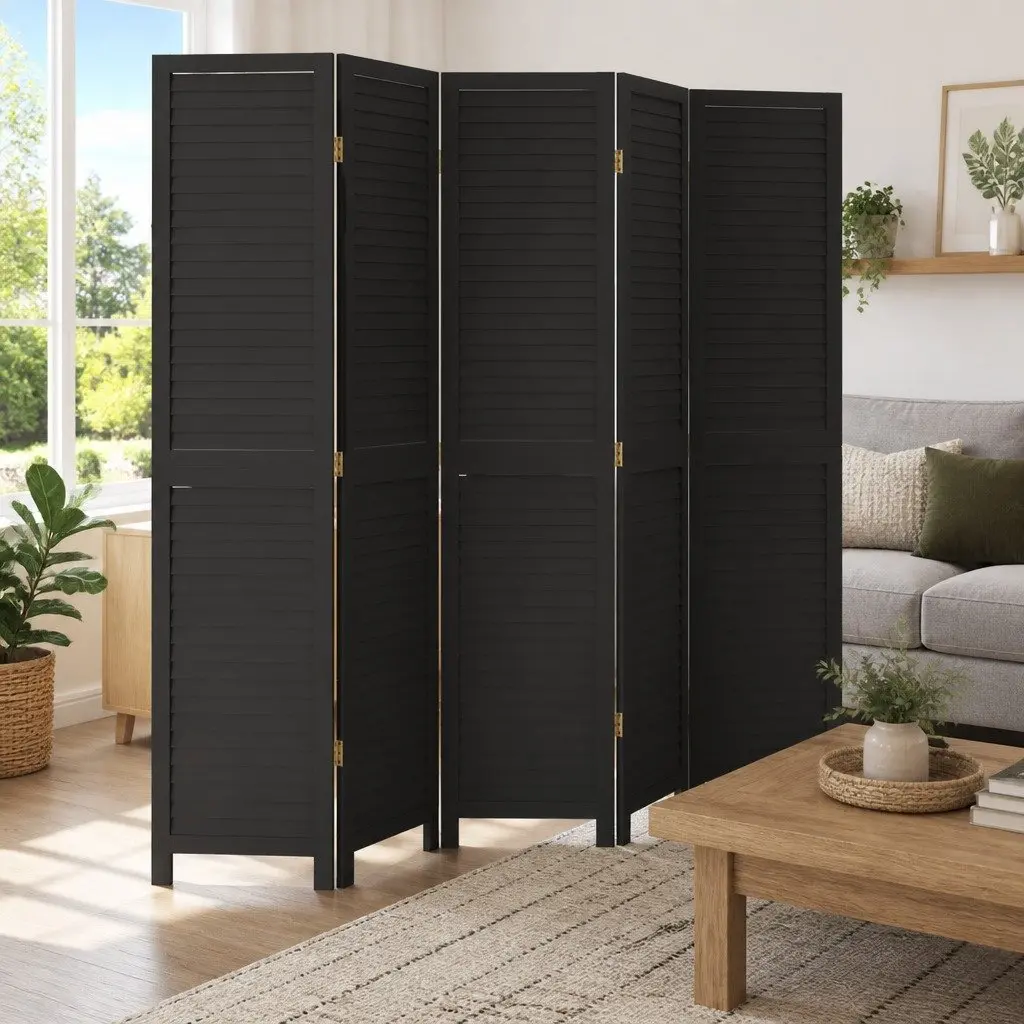 Room Divider Black 5 Panel Folding Screen Partition Privacy Space