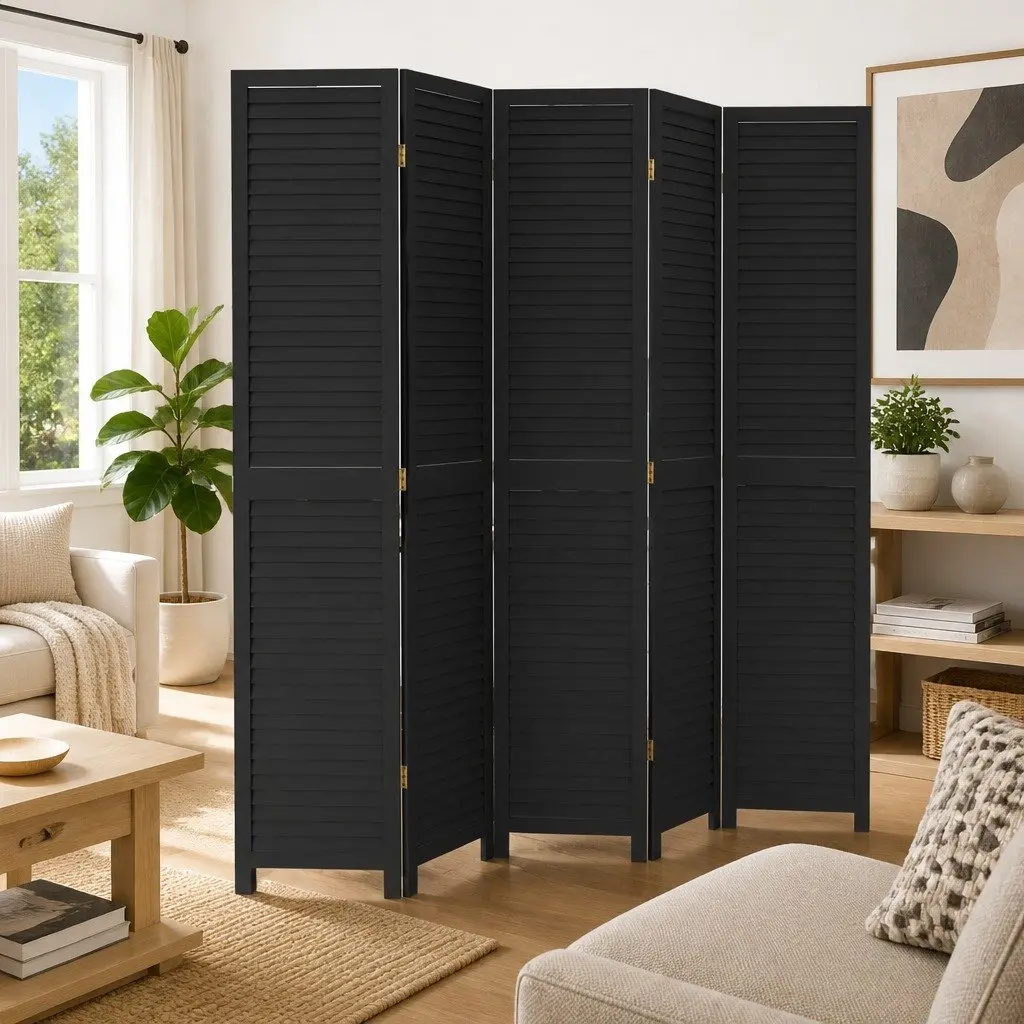 Room Divider Black 5 Panels Solid Wood Folding Privacy Screen Partition