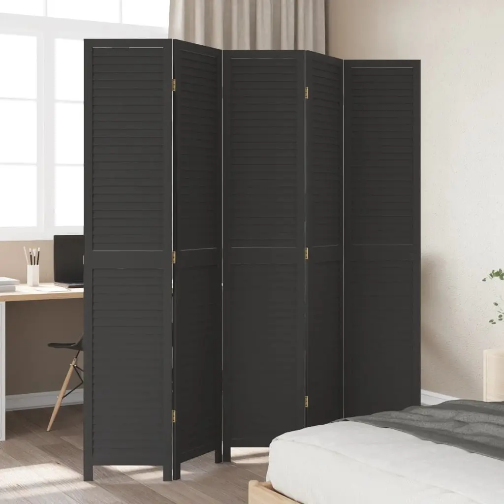 Room Divider Black 5 Panels Solid Wood Folding Privacy Screen Partition