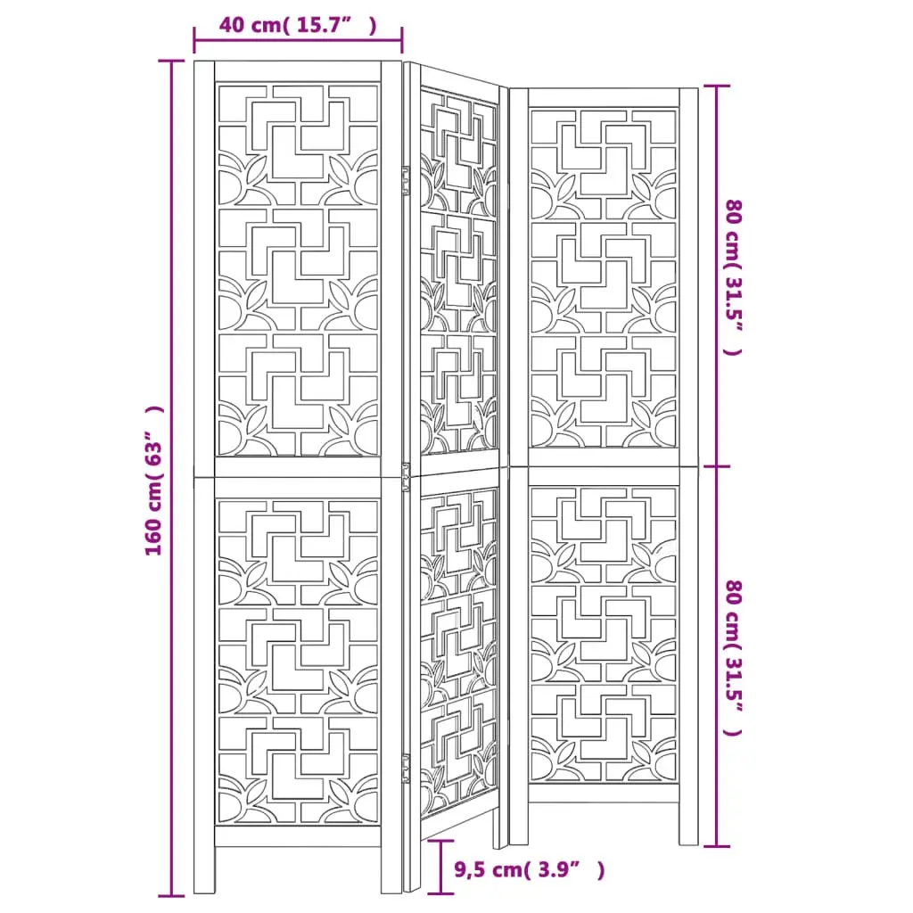 Room Divider Brown 3 Panel Folding Privacy Screen Solid Wood Partition