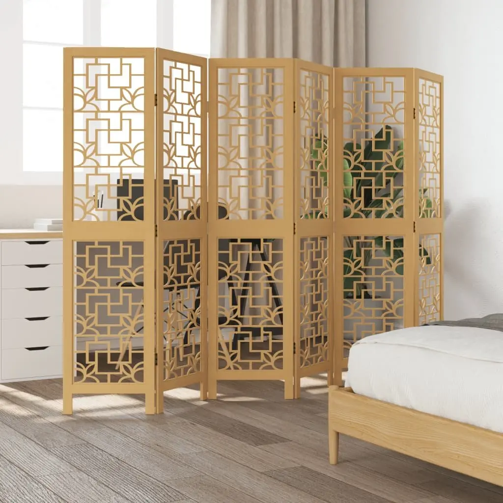 Room Divider Brown 6 Panels Solid Paulownia Wood Folding Privacy Screen