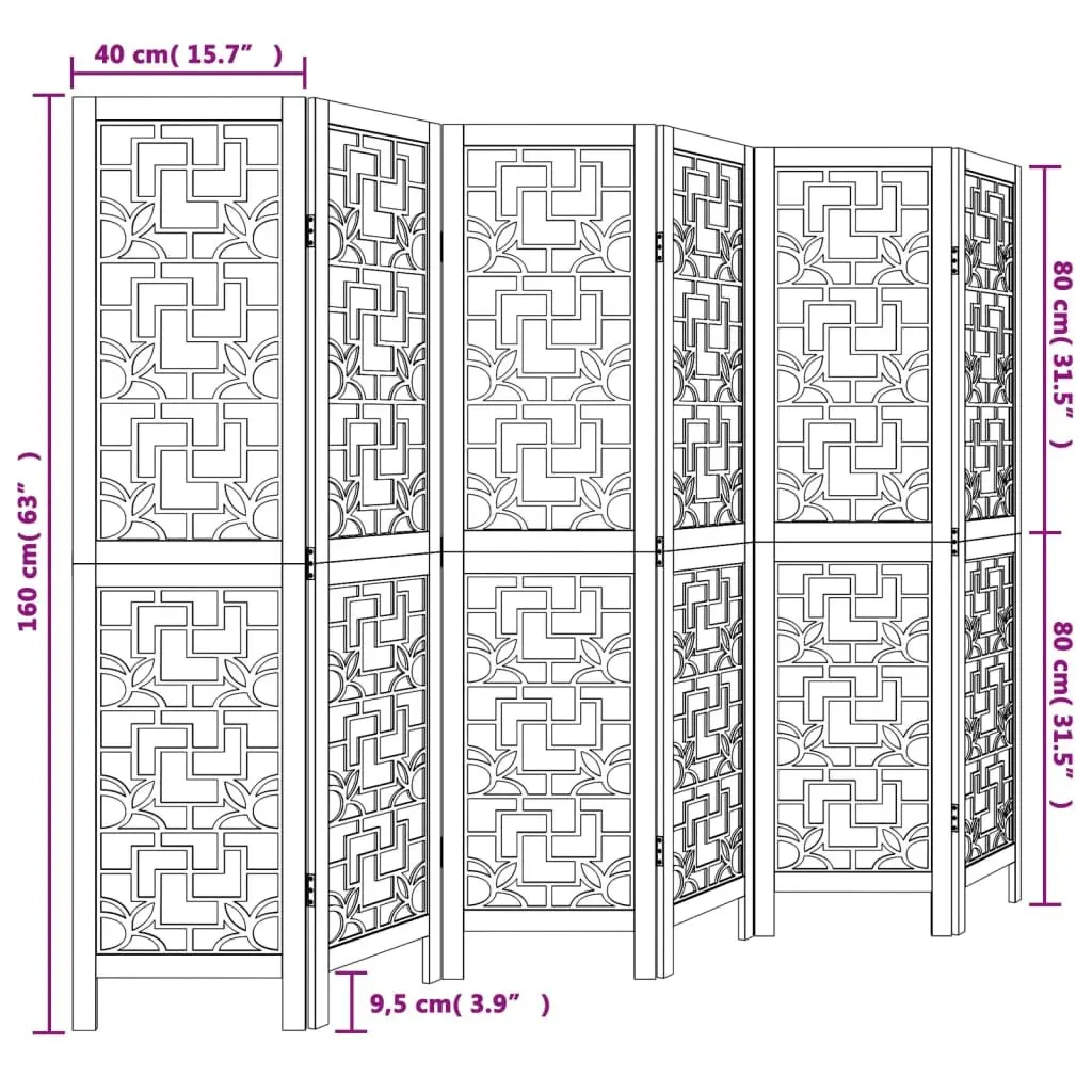 Room Divider Brown 6 Panels Solid Paulownia Wood Folding Privacy Screen