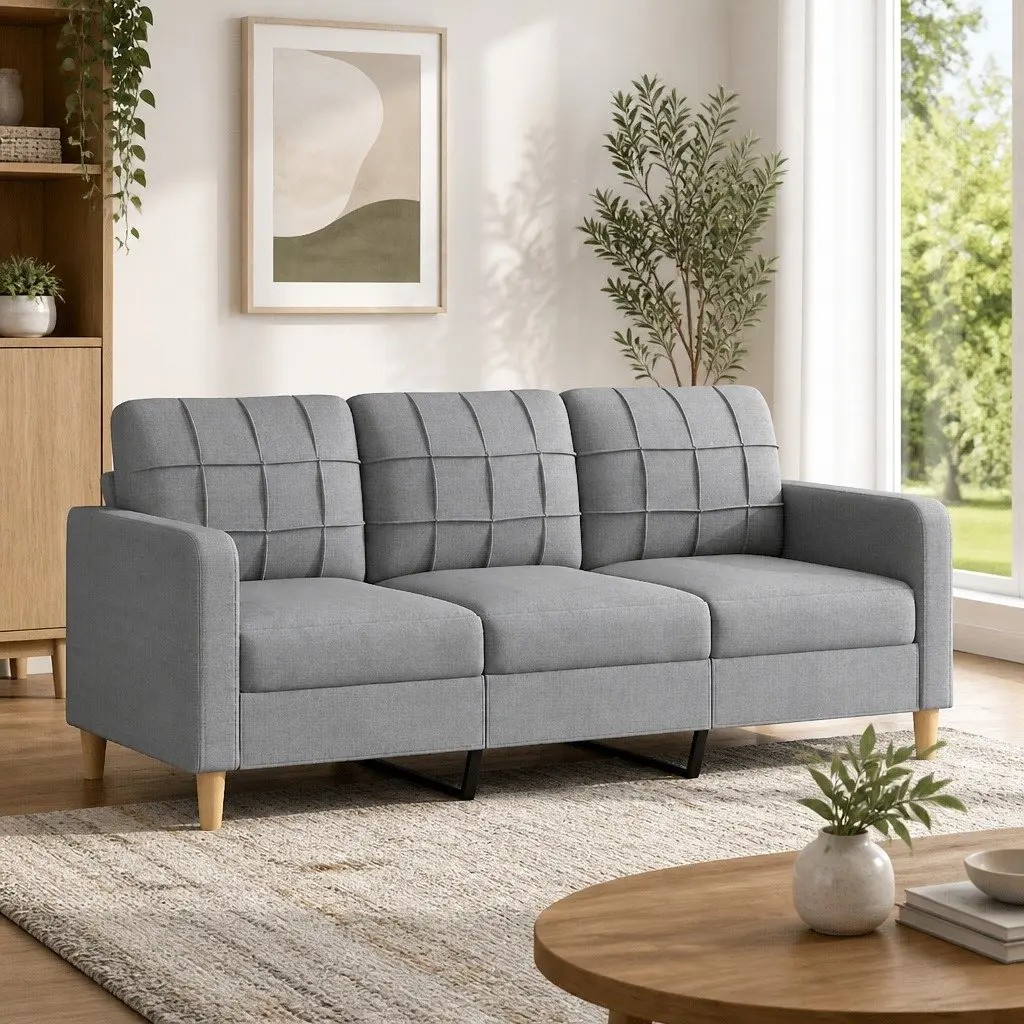 3-Seater Sofa Grey 180cm Fabric Lounge Couch Living Room Settee Padded Armrests