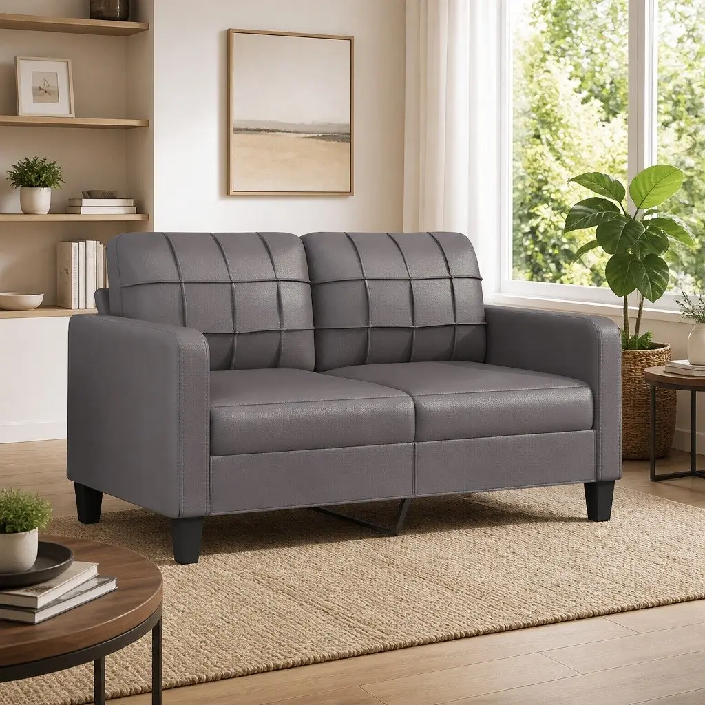 140cmGreyFauxLeather2SeaterSofaModernLoungeCouchComfortableDesign