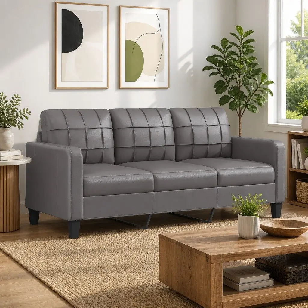 3-Seater Sofa Grey 180cm Faux Leather Modern Lounge Couch