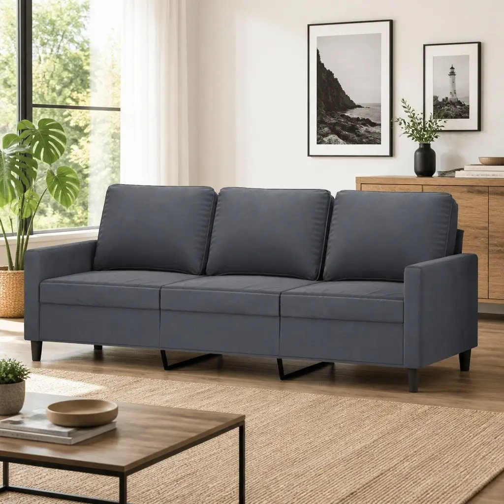3-Seater Sofa Grey 180cm Velvet Modern Living Room Couch Padded Armrests