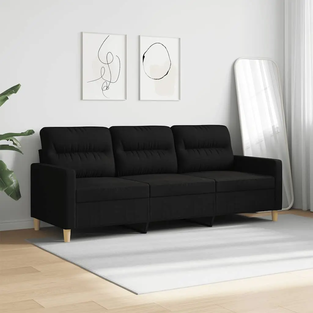 3-Seater Sofa Black 180cm Fabric Upholstered Modern Living Room Couch