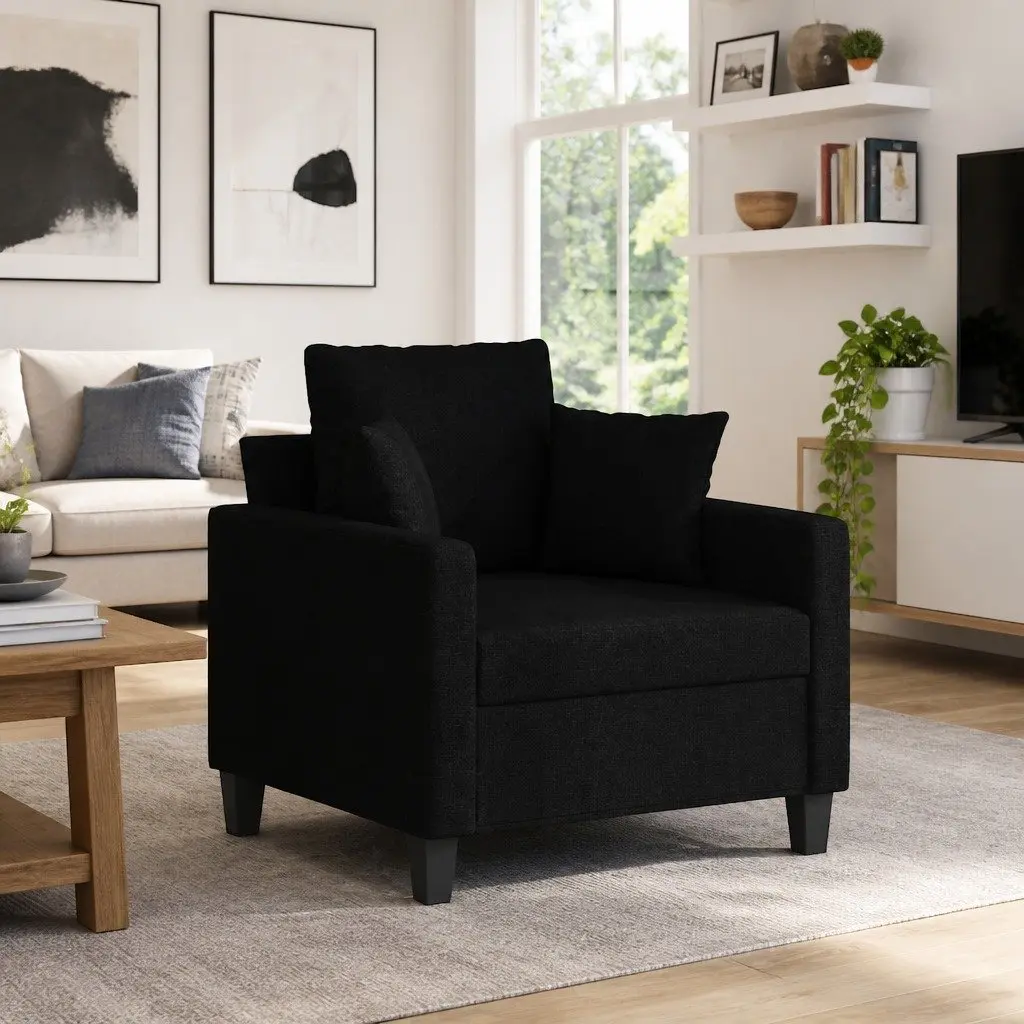 Black Fabric Sofa Chair 60cm Armchair Lounge Seat Reading Relaxing Living Room