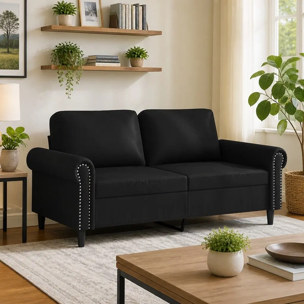 2-Seater Sofa Black 140cm Faux Leather Modern Lounge Couch Sturdy Construction
