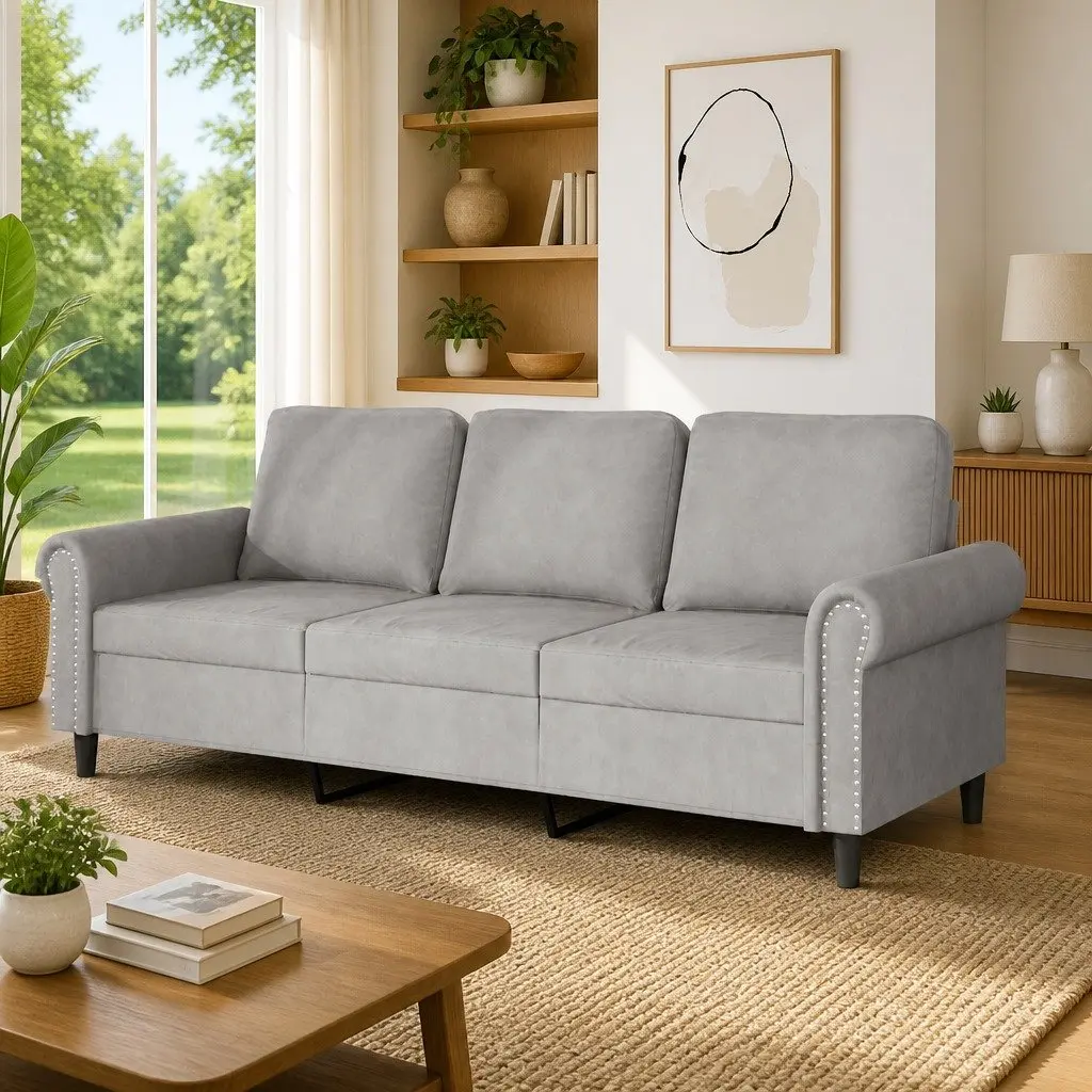 3-Seater Sofa Grey Velvet Living Room Couch Modern Design Comfortable Furniture