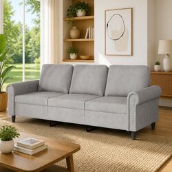 3-Seater Sofa Grey Velvet Living Room Couch Modern Design Comfortable Furniture